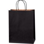 The MH-USA 10 x 5 x 13 Black Tinted Shopping Bag features sleek black rope handles and a tinted design standing out against a white background, adding elegance to shopping. Available in cases of 250.