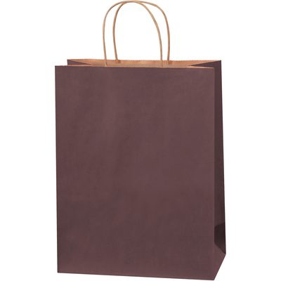 BGS104BR.jpg The MH-USA 10 x 5 x 13 brown-tinted shopping bag features two twisted handles and stands upright on a white background.