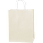 The MH-USA 10 x 5 x 13 French Vanilla Tinted Shopping Bag, featuring two white twisted handles, stands upright against a white background, highlighting its elegant simplicity.