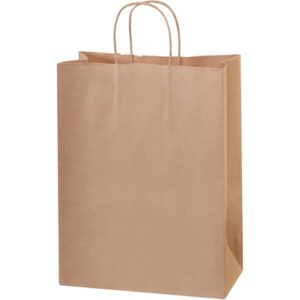 A 10 x 5 x 13 Kraft paper shopping bag with twisted handles stands upright against a white background, highlighting its sturdy design, ideal for orders of 250 bags per case.