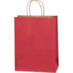 The MH-USA 10 x 5 x 13 Scarlet Tinted Shopping Bags, featuring a chic red color and sturdy brown twisted handles, stand upright against a white background. Available in cases of 250, they add sophistication to any retail setting.