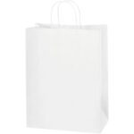 The MH-USA 10 x 5 x 13 White Paper Shopping Bags (250/Case) have twisted paper handles and stand upright, embodying simplicity and functionality against a white background.