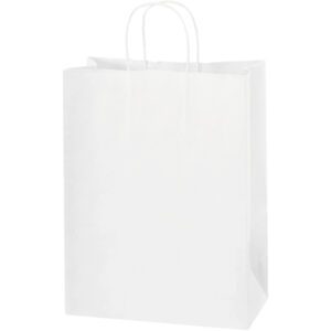 The MH-USA 10 x 5 x 13 White Paper Shopping Bags (250/Case) have twisted paper handles and stand upright, embodying simplicity and functionality against a white background.