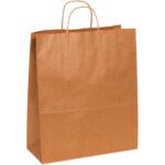The 13 x 6 x 15 3/4 Kraft Paper Shopping Bag, found in a case of 250, stands upright with two sturdy twisted handles and a slightly crumpled brown paper texture.