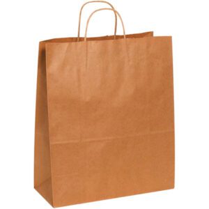The 13 x 6 x 15 3/4 Kraft Paper Shopping Bag, found in a case of 250, stands upright with two sturdy twisted handles and a slightly crumpled brown paper texture.