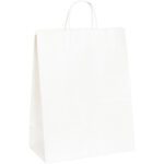 The MH-USA paper shopping bag measures 13 x 7 x 17 inches and features a white design with handles. Sold in cases of 250, it stands upright and showcases its simple, sturdy build—ideal for all shopping needs.
