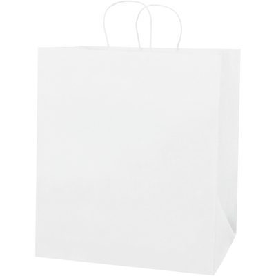 BGS107W.jpg The MH-USA white paper shopping bags, measuring 14 1/2 x 9 x 16 1/4 inches, come in cases of 200. They feature sturdy twisted handles and a clean design, making them ideal for versatile retail use.