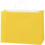 The MH-USA 16 x 6 x 12 Buttercup Tinted Shopping Bag, featuring a plain yellow hue and crisp white handles, stands out against a white background. Available in convenient cases of 250.