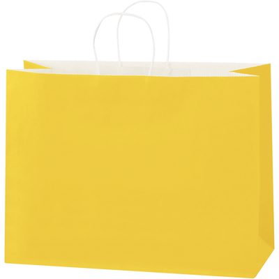 BGS108BC.jpg The MH-USA 16 x 6 x 12 Buttercup Tinted Shopping Bag, featuring a plain yellow hue and crisp white handles, stands out against a white background. Available in convenient cases of 250.