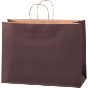 The MH-USA 16 x 6 x 12 brown tinted shopping bag, available in a case of 250, stands upright with sturdy construction and twisted handles against a plain white background—perfect for any retail environment.