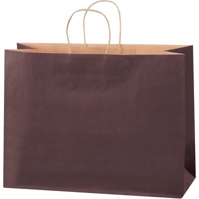 BGS108BR.jpg The MH-USA 16 x 6 x 12 brown tinted shopping bag, available in a case of 250, stands upright with sturdy construction and twisted handles against a plain white background—perfect for any retail environment.