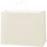 A plain, beige paper shopping bag with white twisted handles stands upright against a white backdrop, representing the elegance of MH-USA 16 x 6 x 12 French Vanilla Tinted Shopping Bags, sold in bulk cases of 250.