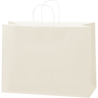 BGS108FV.jpg A plain, beige paper shopping bag with white twisted handles stands upright against a white backdrop, representing the elegance of MH-USA 16 x 6 x 12 French Vanilla Tinted Shopping Bags, sold in bulk cases of 250.