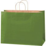 A large MH-USA 16 x 6 x 12 green tea tinted shopping bag with simple brown handles stands upright against a white background, highlighting its solid and glossy texture.