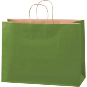 A large MH-USA 16 x 6 x 12 green tea tinted shopping bag with simple brown handles stands upright against a white background, highlighting its solid and glossy texture.