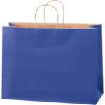 A large MH-USA 16 x 6 x 12 Parade Blue Tinted shopping bag with two light brown handles is shown on a plain background, displaying its open top and brown interior—a classic option from a case of 250.