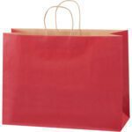 The MH-USA Scarlet Tinted Shopping Bag (16 x 6 x 12) stands elegantly with upright handles, featuring a natural brown interior that adds vibrant color to your retail needs. Available in cases of 250 for all business demands, its ready for shopping adventures against a plain white background.