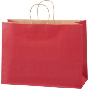The MH-USA Scarlet Tinted Shopping Bag (16 x 6 x 12) stands elegantly with upright handles, featuring a natural brown interior that adds vibrant color to your retail needs. Available in cases of 250 for all business demands, its ready for shopping adventures against a plain white background.