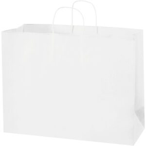 The MH-USA 16 x 6 x 12 White Paper Shopping Bags, available in cases of 250, feature a clean design with two handles and stand upright, making them versatile for various uses.