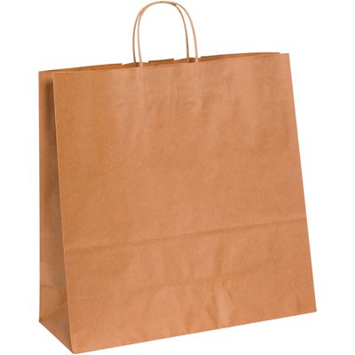 BGS109K.jpg A large 16 x 6 x 15 3/4 plain brown paper shopping bag with two twisted handles stands upright against a white background. Theyre perfect for bulk needs, available as Kraft Paper Shopping Bags in a case of 200.