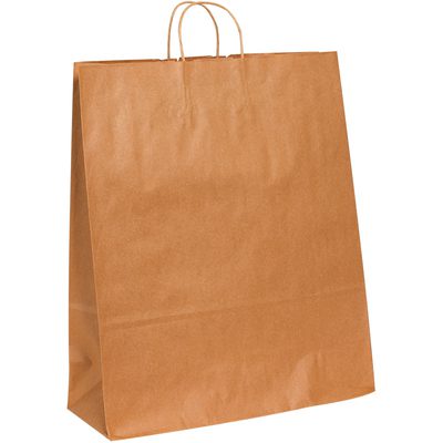 BGS110K.jpg A standing large, plain brown 16 x 6 x 19 1/4 Kraft paper shopping bag with twisted handles against a white background is perfect for carrying essentials.