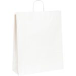 The MH-USA 16 x 6 x 19 1/4 white paper shopping bags (200/case) stand upright, showcasing sleek simplicity and durability for practical and stylish shopping.