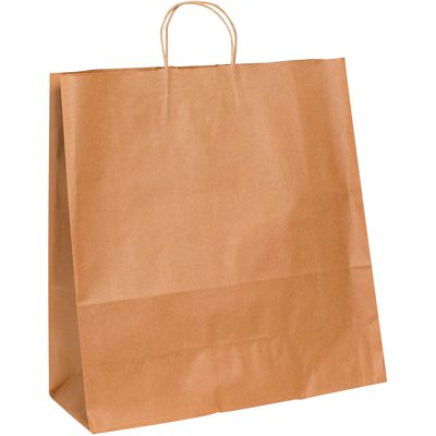 BGS111K.jpg An 18 x 7 x 18 Kraft paper shopping bag with twisted handles stands upright against a plain white background, perfectly representing the product: 18 x 7 x 18 Kraft Paper Shopping Bags (200/Case).