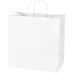 The MH-USA 13 x 7 x 13 White Shopping Bags, sold in cases of 250, stand upright against a white background and feature two twisted paper handles.