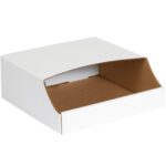 The MH-USA 12 x 12 x 4 1/2 Stackable Bin Boxes, available in a bundle of 50, feature a white corrugated design with an open top and a front cutout showcasing the brown cardboard interior.