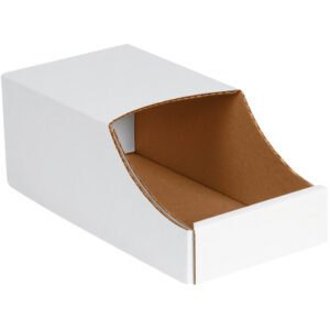 The MH-USA 6 x 12 x 4 1/2 Stackable Bin Boxes (50/Bundle) have a white corrugated cardboard exterior with an open front and a natural brown interior, ideal for efficient organization and storage.
