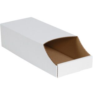 The MH-USA 7 x 18 x 4 1/2 Stackable Bin Box is a white cardboard, open-front rectangular box with a brown interior, designed for easy content access. Available in bundles of 50.