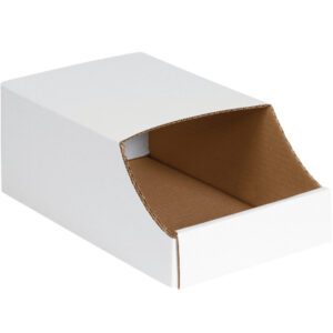 The MH-USA 8 x 12 x 4 1/2 Stackable Bin Boxes (50/Bundle) feature a sleek white exterior with an open front, revealing a spacious brown interior. Their slight angle highlights ample depth and storage capacity, optimizing organization.