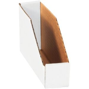 The MH-USA 2 x 9 x 4 1/2 white bin boxes feature an open top and angled sides, showcasing a brown interior. This stylish design allows for organized, upright storage of magazines or documents and is available in bundles of 25.