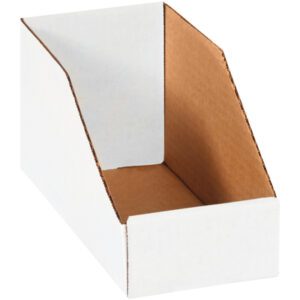 The MH-USA 4 x 9 x 4 1/2 White Bin Boxes (50/Bundle) are plain white cardboard storage boxes with an open, slanted front and a natural brown interior for easy access to contents.