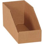 The 4 x 9 x 4 1/2 Kraft Bin Boxes (50/Bundle) are brown cardboard bins with an open top and slanted sides, ideal for storage or organizing. They have a rectangular base and higher back to keep items secure.
