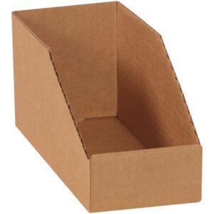 The 4 x 9 x 4 1/2 Kraft Bin Boxes (50/Bundle) are brown cardboard bins with an open top and slanted sides, ideal for storage or organizing. They have a rectangular base and higher back to keep items secure.