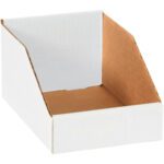 A MH-USA 6 x 9 x 4.5 white cardboard bin box with a slanted front is displayed. Open at the top and front for easy access, this box is sold in bundles of 25 and appears empty against a plain backdrop.