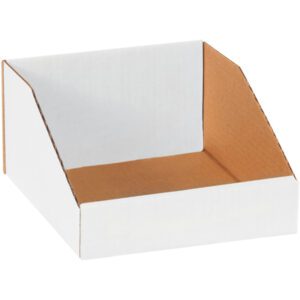 The MH-USA 8 x 9 x 4 1/2 white bin boxes feature a brown interior, open top, and angled sides, ideal for holding or showcasing items. Sold in bundles of 50, they are perfect for efficient space organization.
