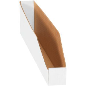 The MH-USA 2 x 18 x 4 1/2 White Bin Box serves as an upright magazine file holder, featuring a white exterior, brown interior, and an angled cutout for easy access.