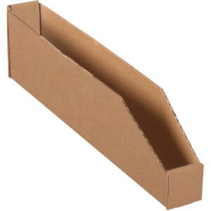 The brown cardboard magazine file holder, similar to a 2 x 18 x 4-1/2 Kraft Bin Box from the 50/Bundle set, features a slanted side for easy access to magazines or documents. It stands empty against a plain white background.