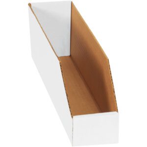 The MH-USA magazine holder boasts a white exterior and a natural brown interior with an open top and angled sides, offering easy access to stored items.