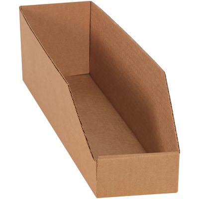 BINBWZ418K.jpg This brown cardboard storage bin, from the 4 x 18 x 4 1/2 Kraft Bin Boxes (50/Bundle), has an open top and slanted sides for easy organization, with a visible rectangular interior against a plain white background.