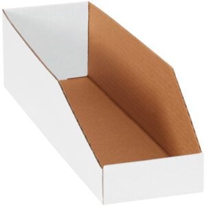 The MH-USA 5 x 18 x 4 1/2 White Bin Boxes (50/Bundle) feature slanted sides, an open top, and a corrugated brown interior, ideal for versatile storage against a plain white backdrop.