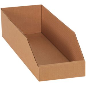 The 6 x 18 x 4 1/2 Kraft Bin Boxes, sold in bundles of 50, are brown, open-top cardboard storage boxes with a slanted front and high sides for easy access. They are displayed neatly against a white background.