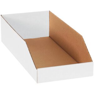 The MH-USA 8 x 18 x 4 1/2 White Bin Boxes, available in bundles of 50, feature a slanted side, partially open front, and brown interior for improved organization and easy item access.