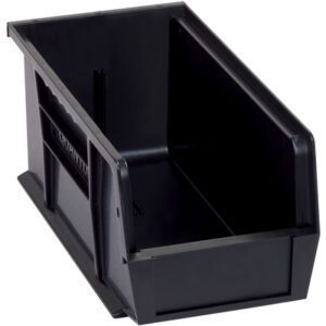The MH-USA 10 7/8 x 5 1/2 x 5 Black Conductive Bin Boxes (12 Bins/Case) are ideal for organizing small items with an open front, reinforced sides, and stackable design, providing a practical storage solution.