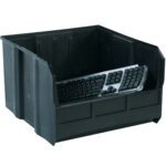 The MH-USA 18 x 16.5 x 11 Black Conductive Bin Boxes come in cases of three, featuring open fronts and high sides for ample storage and protection, making them ideal for efficiently organizing delicate electronics while ensuring partial visibility of items like keyboards.