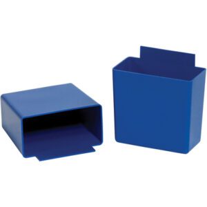 Two MH-USA 3 1/4 x 1 3/4 x 3 Blue Shelf Bin Cups (48/Case) are neatly displayed: one upright, showcasing its rectangular shape and base tab, while the other lies on its side, revealing the hollow interior and matching tab.