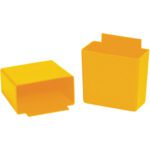 The MH-USA Yellow Shelf Bin Cups, sold in cases of 48, include two plastic wall-mounted containers: one upright and one sideways, each with a flat tab for easy attachment.