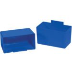Two blue MH-USA 5 1/8 x 2 3/4 x 3 Shelf Bin Cups are depicted. One stands upright with an open top for cards, while the other lies on its side, showing a slot for card retrieval. Both have a simple rectangular shape with a slight overhang on one edge.